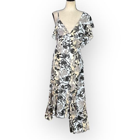 ADEAM Floral Fiesta Maxi Dress Women's 4 Blue Black Ruffle V-Neck Asymmetric RTR - Picture 3 of 15